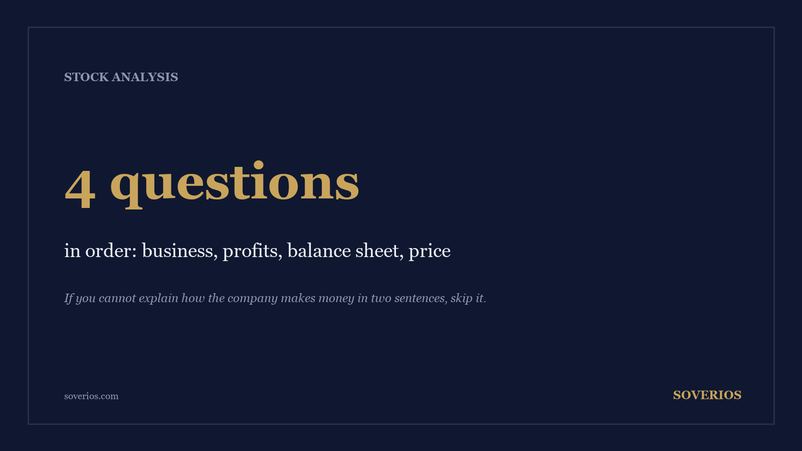 Number card: analyzing a stock means answering four questions in order, on the business, the profits, the balance sheet and the price